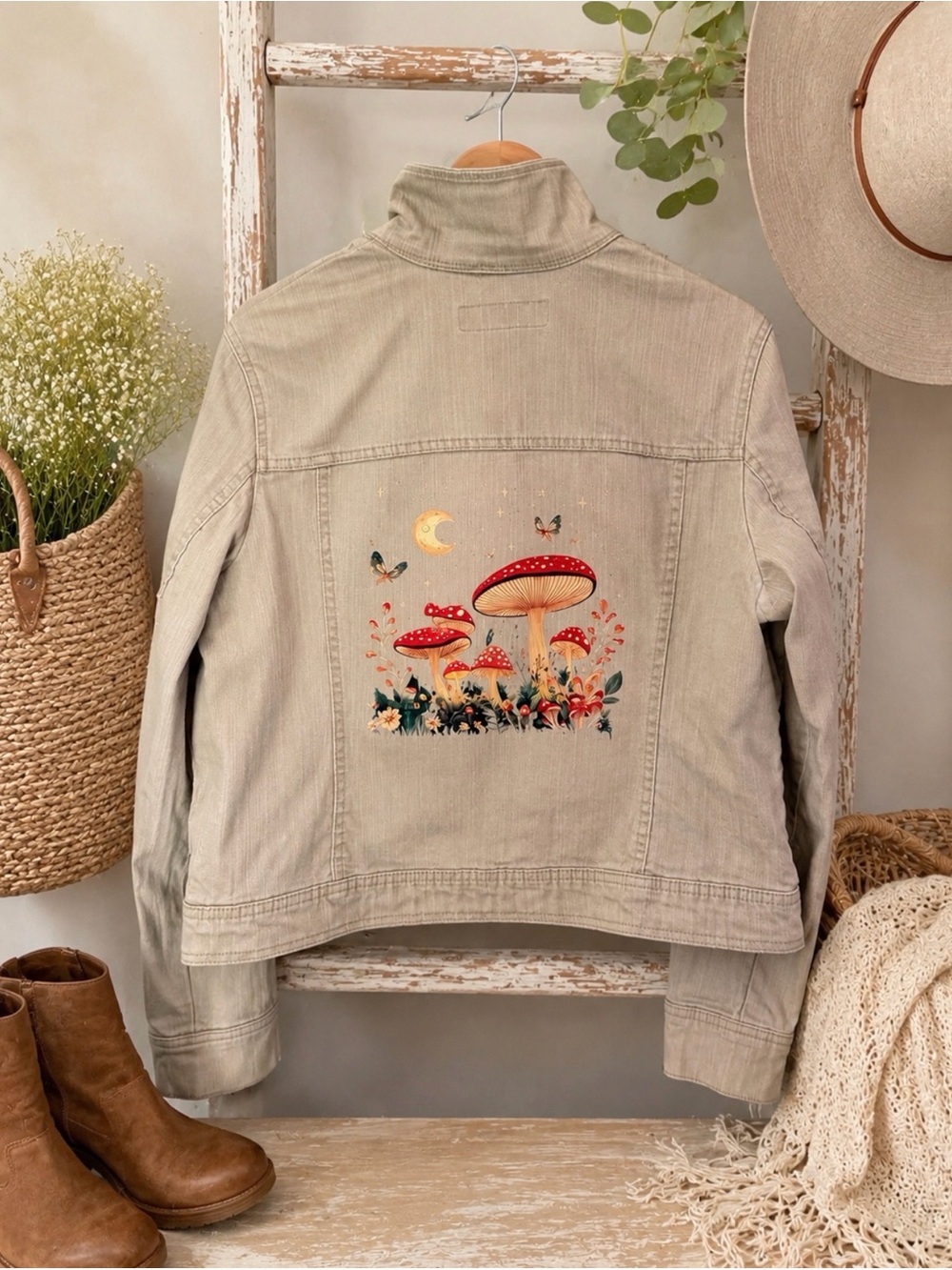 Merona | Large | UpCycled “Bird & Blossom” Boutique Beige Mushroom Denim Jacket - Picture 1 of 11